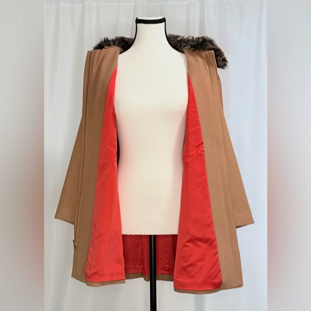 Anthropologie Elevenses Wool Blend Jacket Tan Coat with Faux Fur Collar Size 8 - Picture 4 of 10